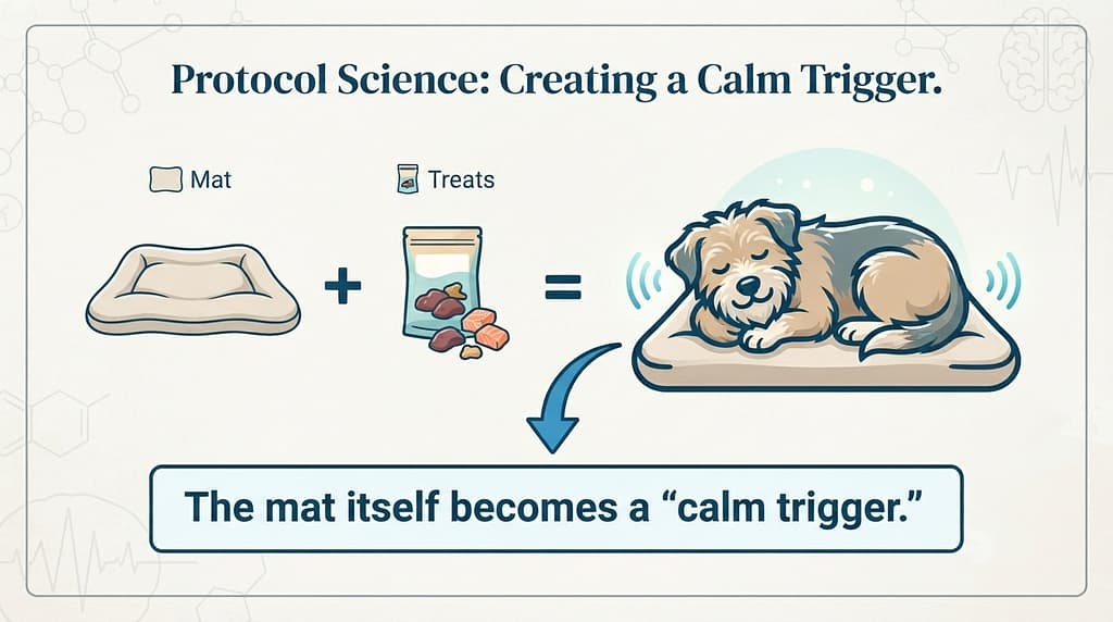 Protocol science graphic Mat + Treats = Calm Trigger. Text: "The mat itself becomes a 'calm trigger.'"