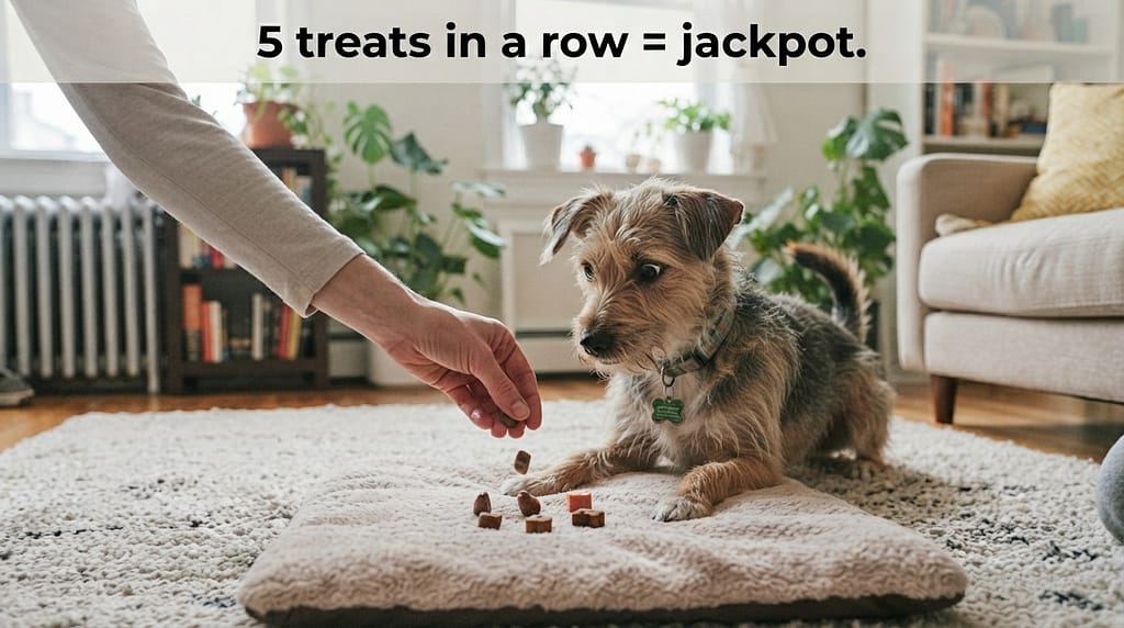 Jackpot reward photo Multiple treats delivered on mat. Text: "5 treats in a row = jackpot."