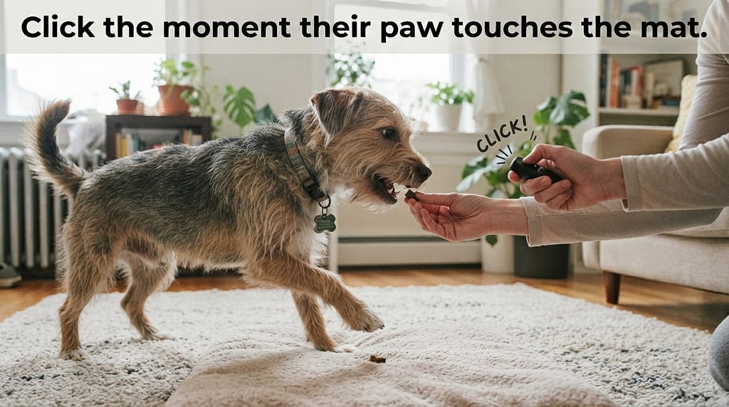Clicker + treat action photo Owner clicking, dog on mat. Text: "Click the moment their paw touches the mat."