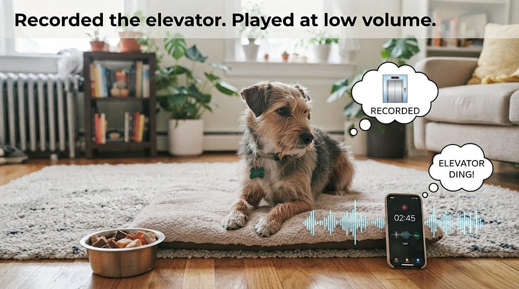 Phone recording elevator sound photo Phone playing elevator ding sound. Text: "Recorded the elevator. Played at low volume."