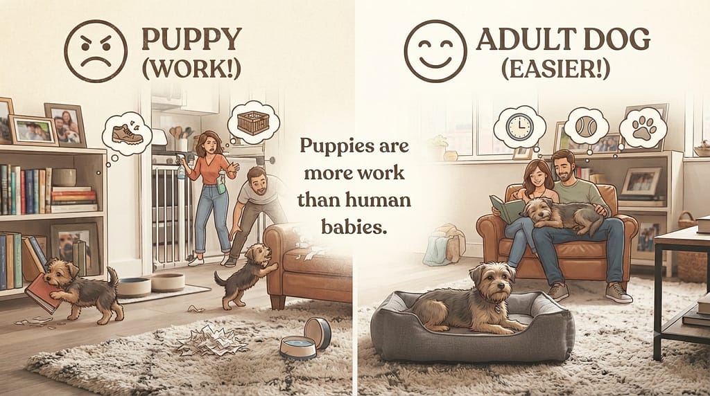 Puppy vs adult comparison Puppy (work) vs Adult dog (easier). Text: "Puppies are more work than human babies."