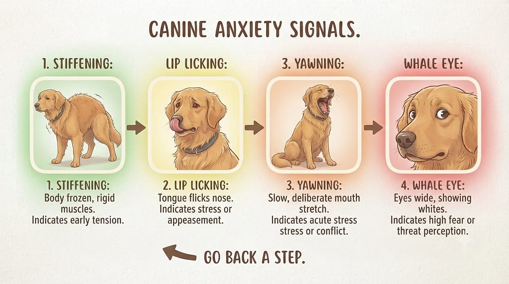 Body language icons Stiffening, lip licking, yawning, whale eye. Text: "Go back a step."