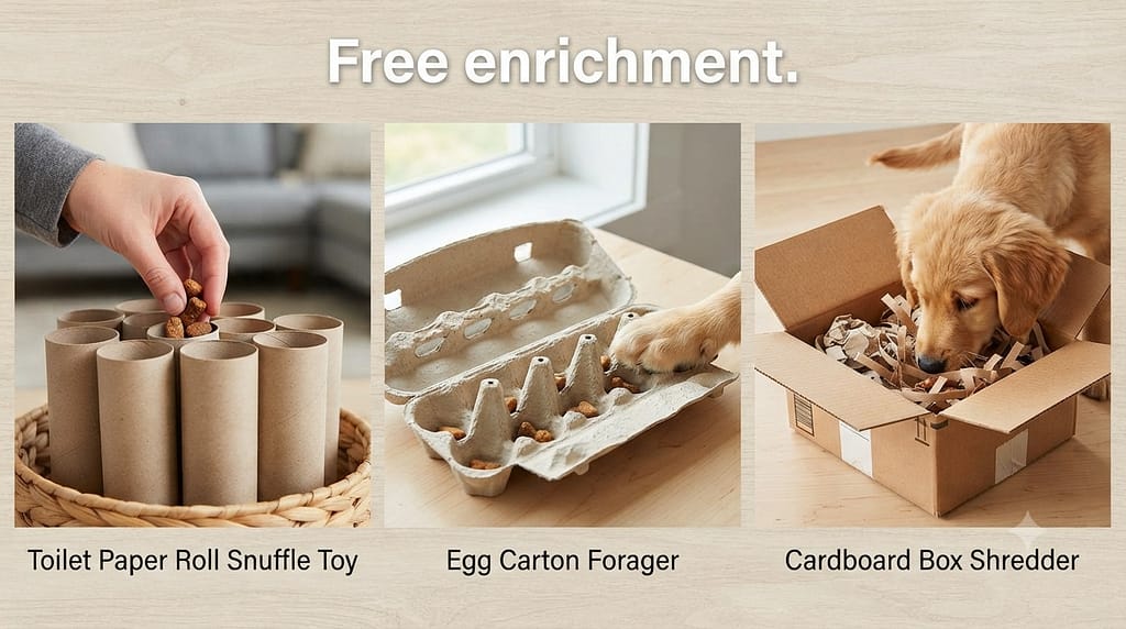 DIY hacks collage Toilet paper roll, egg carton, cardboard box. Text: "Free enrichment."
