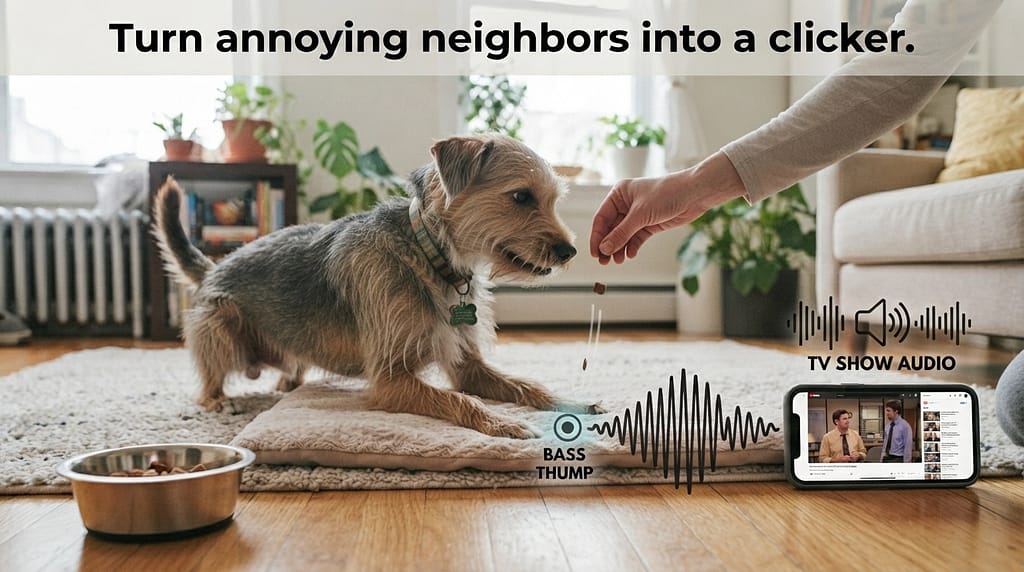Neighbor noise training photo Training during neighbor's TV show, treats on bass thump. Text: "Turn annoying neighbors into a clicker."