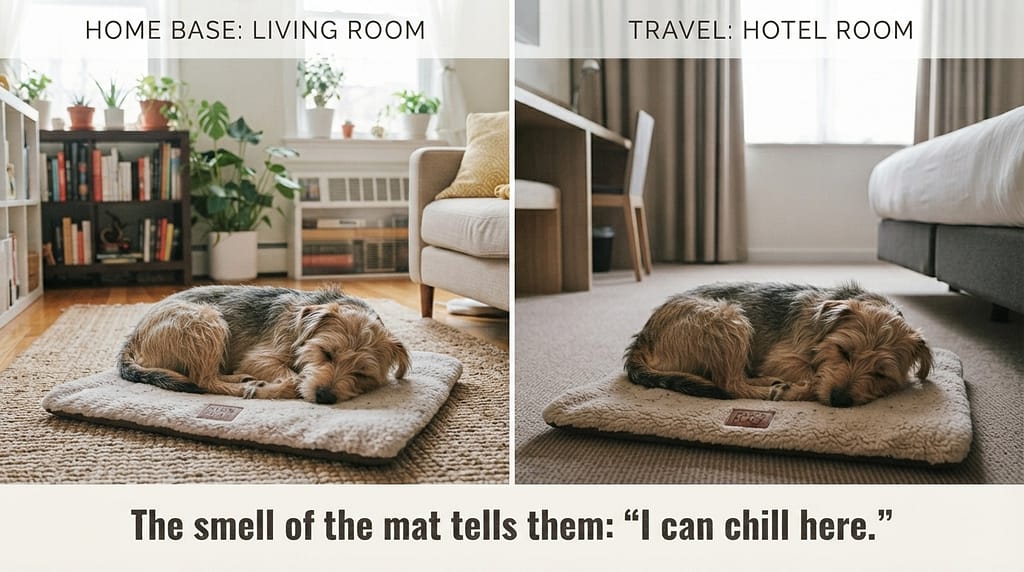 Two mats photo Two identical mats, one at home, one for travel. Text: "The smell of the mat tells them: 'I can chill here.'"
