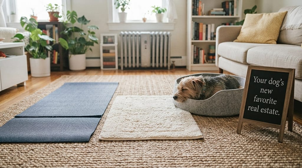 Mat selection photo Yoga mat cut in half, bathmat, dog bed options. Text: "Your dog's new favorite real estate."