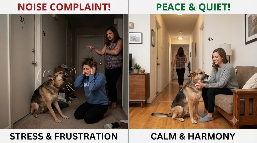 Hero (top of post) Split image: left – dog barking at hallway noise, owner stressed, neighbor annoyed; right – dog calm and quiet, owner relaxed.