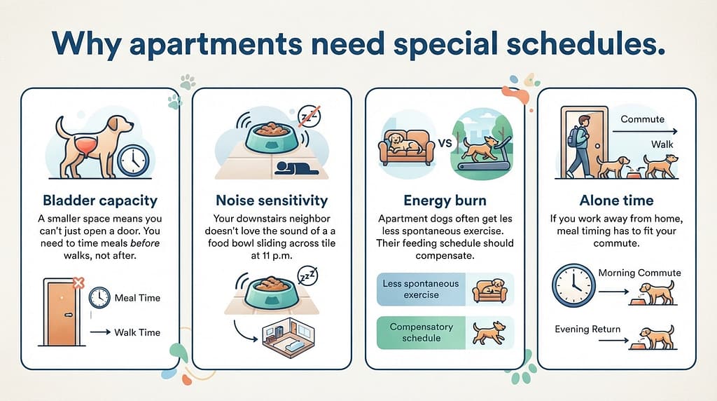 4-factor infographic Bladder capacity / Noise sensitivity / Energy burn / Alone time. Text: "Why apartments need special schedules."