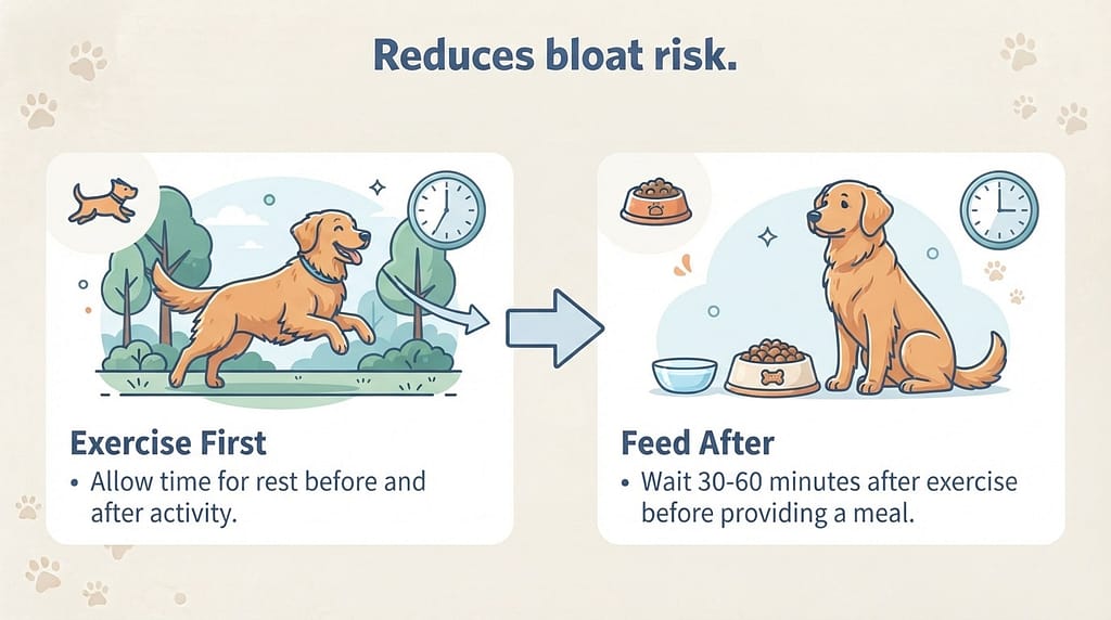 Bloat warning graphic Exercise first → Feed after. Text: "Reduces bloat risk."