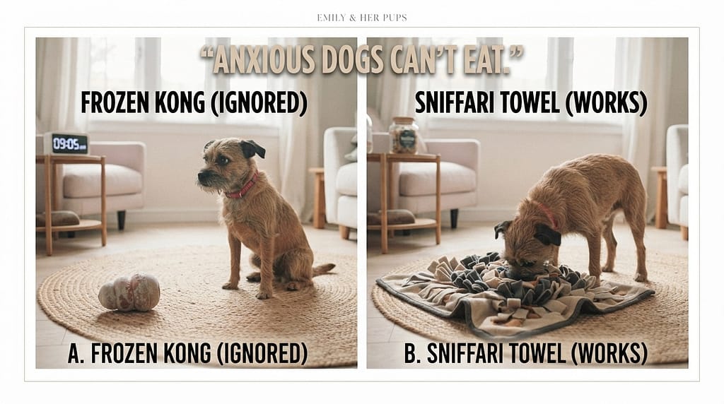 Enrichment comparison graphic Frozen Kong (ignored) vs Sniffari towel (works). Text: "Anxious dogs can't eat."