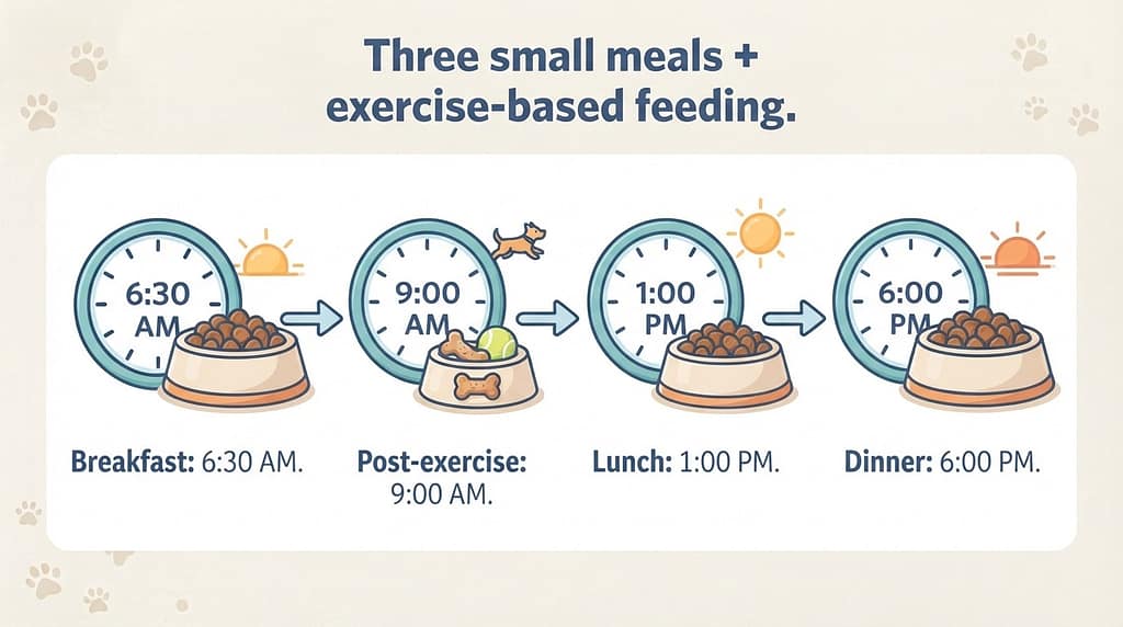 High-energy schedule graphic Breakfast: 6:30 AM / Post-exercise: 9:00 AM / Lunch: 1:00 PM / Dinner: 6:00 PM. Text: "Three small meals + exercise-based feeding."