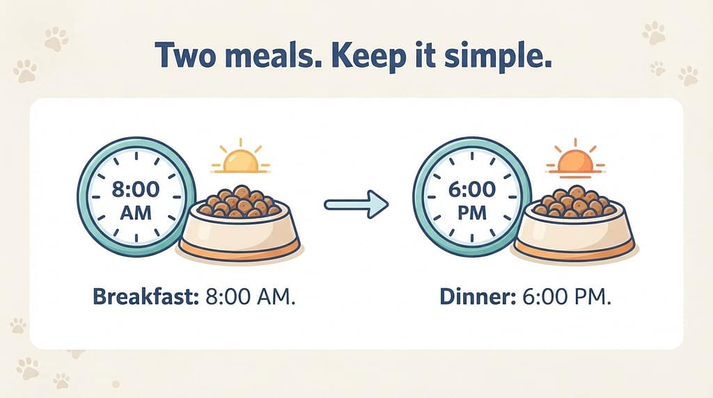 Low-energy schedule graphic Breakfast: 8:00 AM / Dinner: 6:00 PM. Text: "Two meals. Keep it simple."