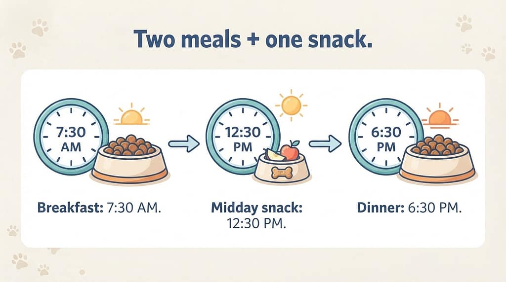 Medium-energy schedule graphic Breakfast: 7:30 AM / Midday snack: 12:30 PM / Dinner: 6:30 PM. Text: "Two meals + one snack."