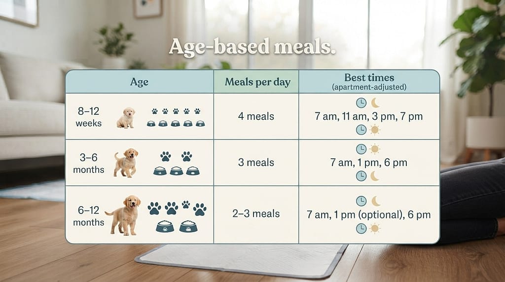 Puppy schedule graphic 8-12 weeks: 4 meals / 3-6 months: 3 meals / 6-12 months: 2-3 meals. Text: "Age-based meals."