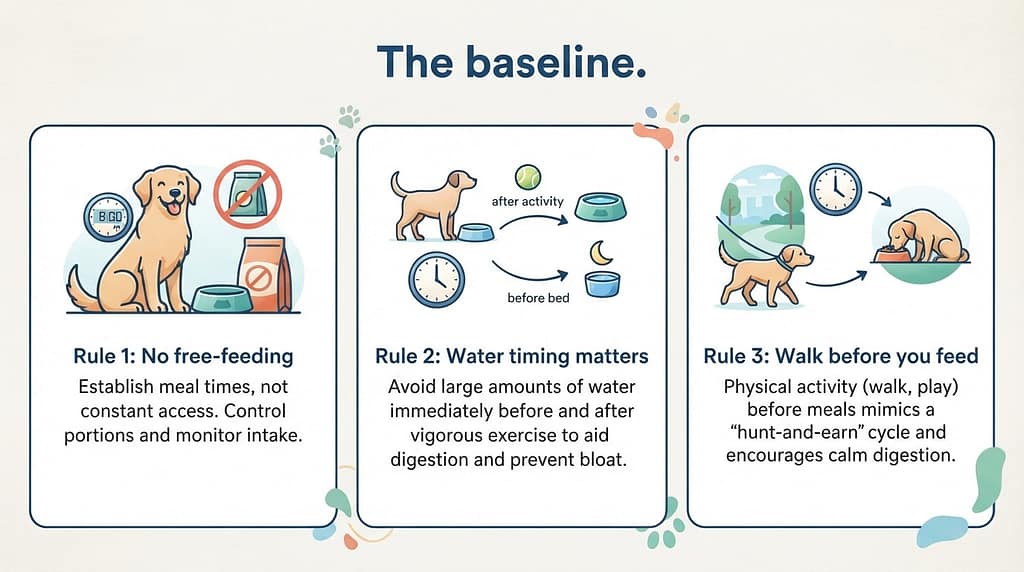 3 golden rules graphic Rule 1: No free-feeding / Rule 2: Water timing matters / Rule 3: Walk before you feed. Text: "The baseline."