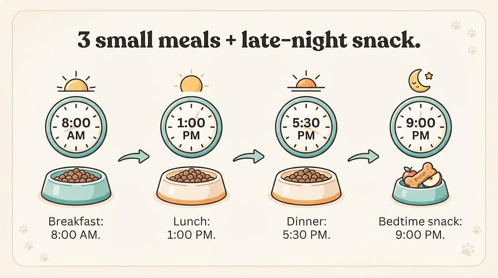 Senior schedule graphic Breakfast: 8:00 AM / Lunch: 1:00 PM / Dinner: 5:30 PM / Bedtime snack: 9:00 PM. Text: "3 small meals + late-night snack."