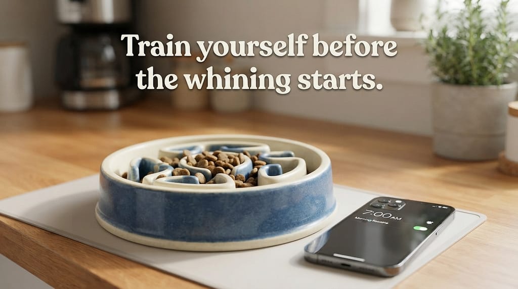 Slow feeder + phone alarm photo Slow-feeder bowl, phone alarm set. Text: "Train yourself before the whining starts."