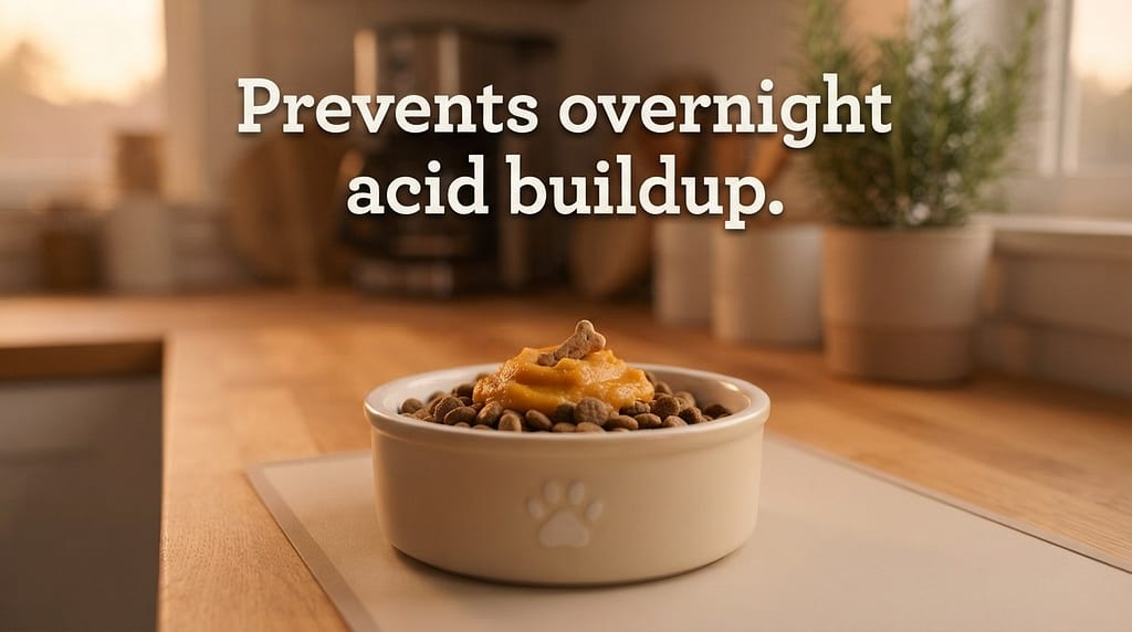 Bedtime snack photo Small treat or pumpkin with kibble. Text: "Prevents overnight acid buildup."