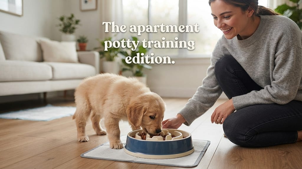 Puppy feeding hero photo Tiny puppy eating from slow-feeder bowl, owner watching. Text: "The apartment potty training edition."