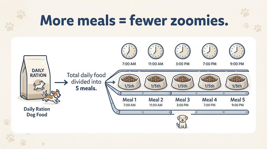 Five tiny meals graphic Total daily food divided into 5 meals. Text: "More meals = fewer zoomies."