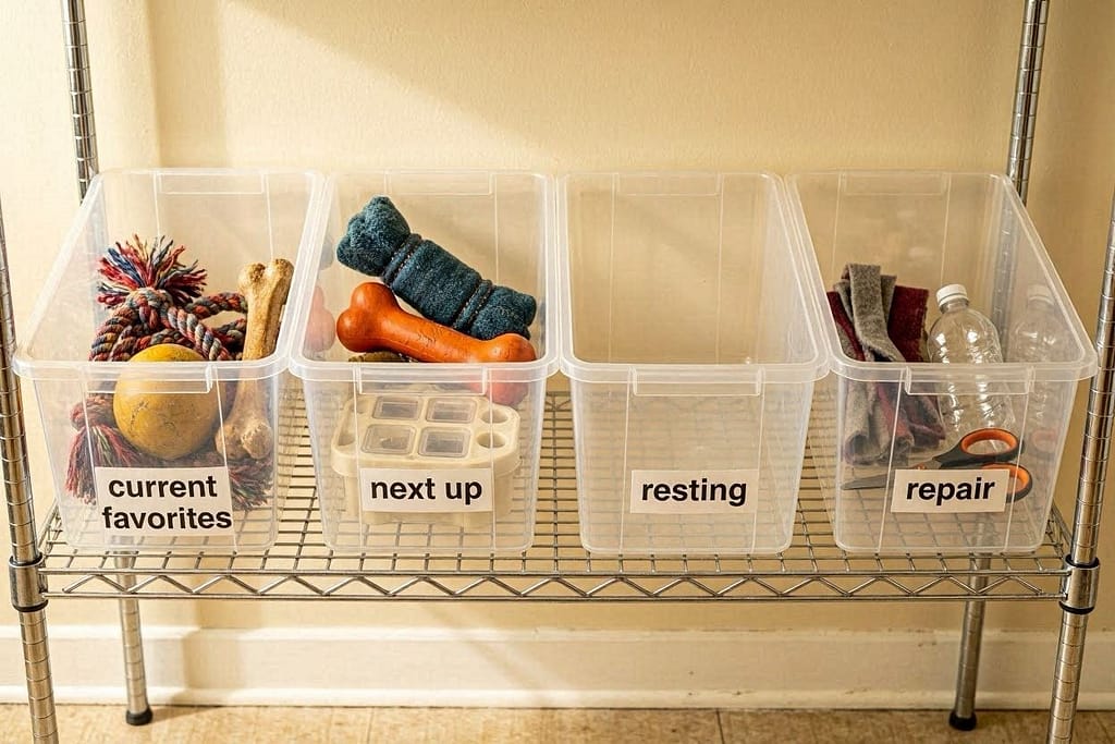Wire shelf with four clear bins - Bin 1 Current Favorites has rope toy, ball, bone; Bin 2 Next Up has squeaky, tug, puzzle; Bin 3 Resting is empty; Bin 4 Repair has fleece strips, empty bottle, scissors