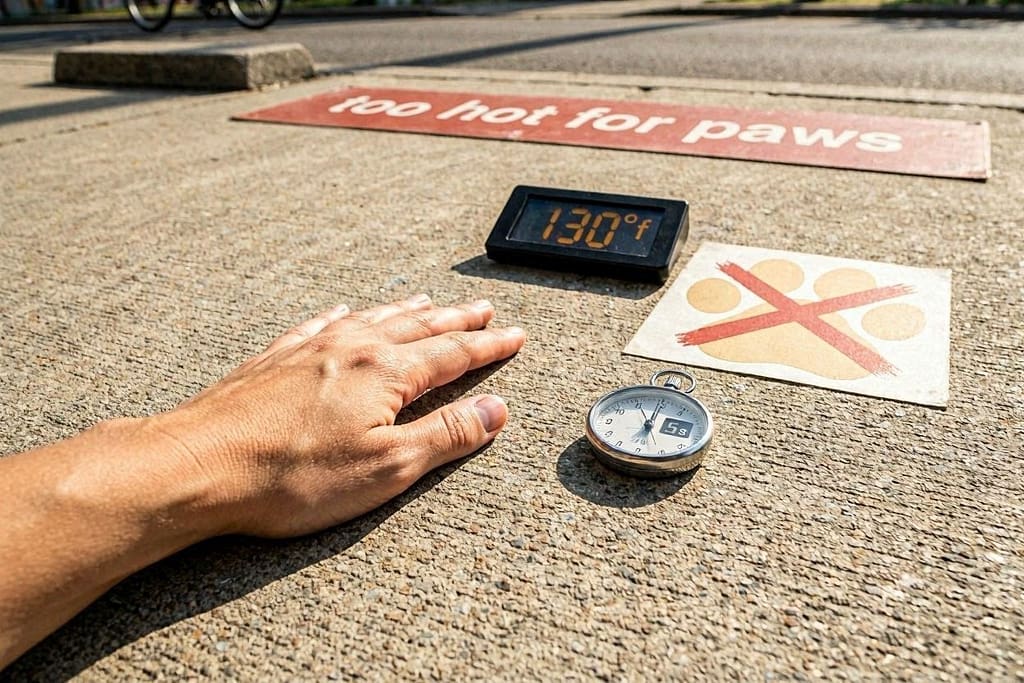 Back of hand pressed on sunlit pavement, stopwatch at 5 seconds, surface temperature reading 130°F, dog paw icon with red X, text "Too hot for paws"