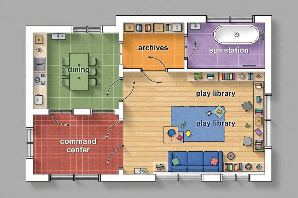 Apartment floor plan with five color-coded zones - red at entry for Command Center, green in kitchen for Dining, blue in living room for Play Library, purple in bathroom for Spa Station, orange in closet for Archives