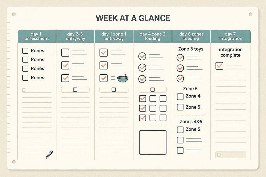 Week-at-glance calendar labeled Day 1 Assessment, Day 2-3 Zone 1 Entryway, Day 4 Zone 2 Feeding, Day 5 Zone 3 Toys, Day 6 Zones 4&5, Day 7 Integration - checkboxes and note spaces