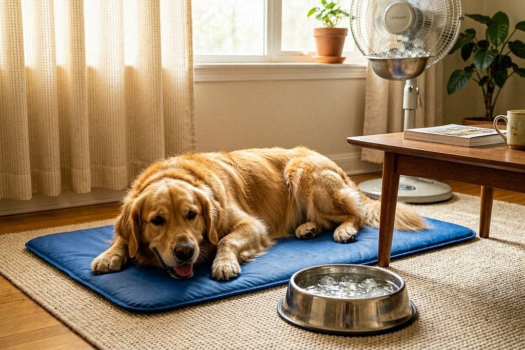 Golden retriever lying on blue cooling mat in living room, thermal curtains drawn, fan with ice bowl visible, water bowl full, dog panting lightly but calm, peaceful scene
