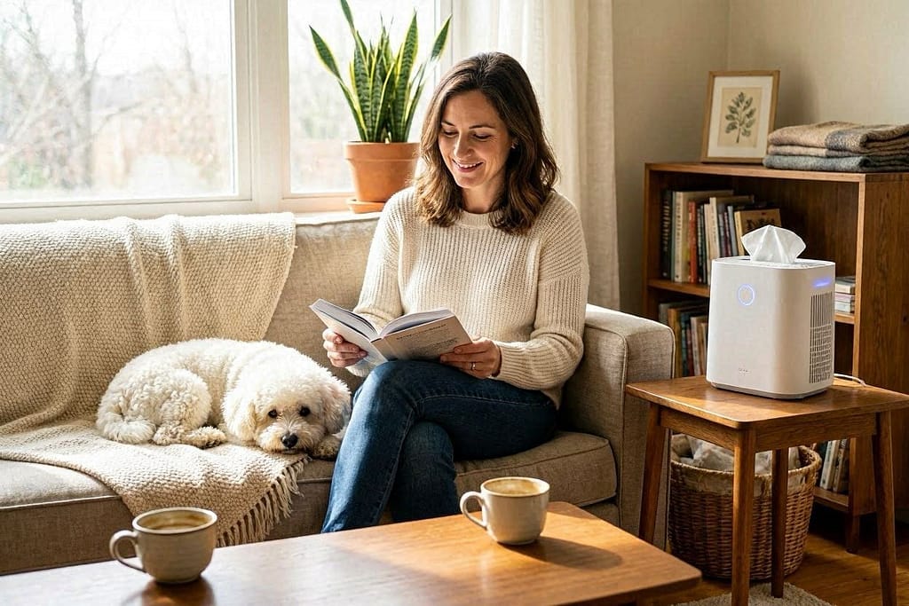 Sunlit apartment living room - woman reading book on couch, Bichon Frise curled beside her, HEPA air purifier on side table, tissues nowhere in sight, both calm and happy