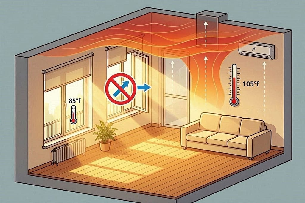 Diagram of apartment with sun rays streaming through windows, temperature gauge climbing from 85°F outside to 105°F inside, heat waves trapped, no cross-ventilation symbol