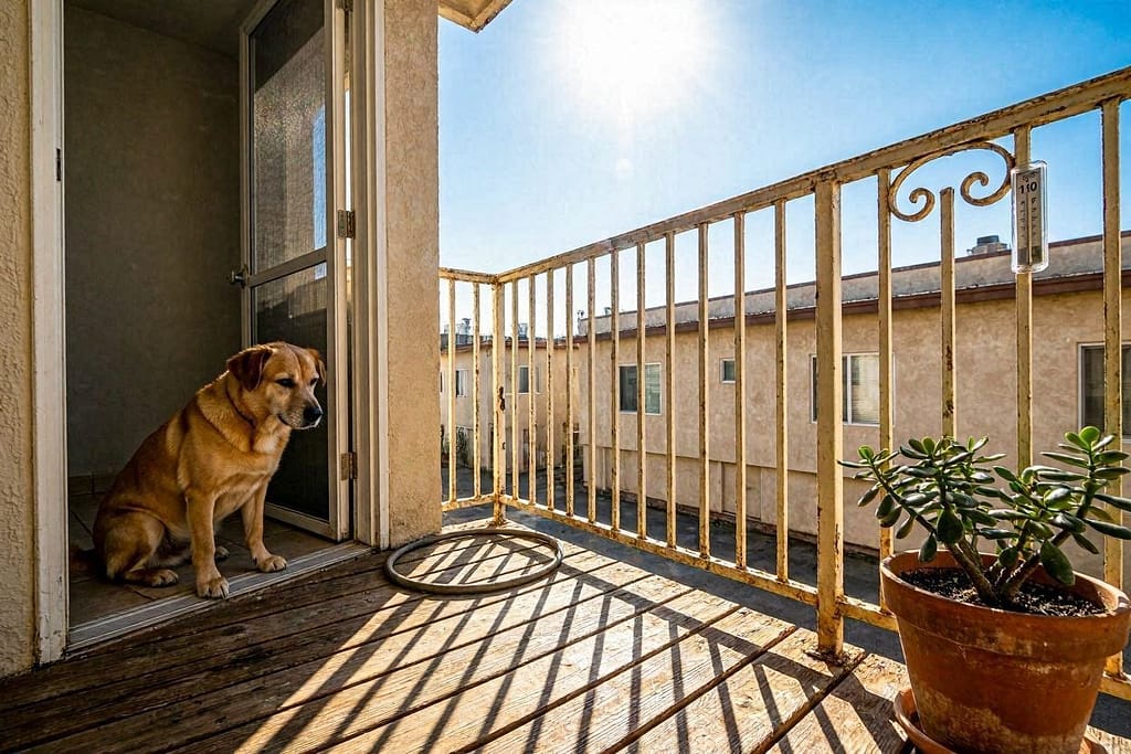Small apartment balcony with intense sunlight, surface thermometer on tile reads 110°F, dog standing in shaded doorway threshold, red X over balcony area, text "Off-limits on hot days"