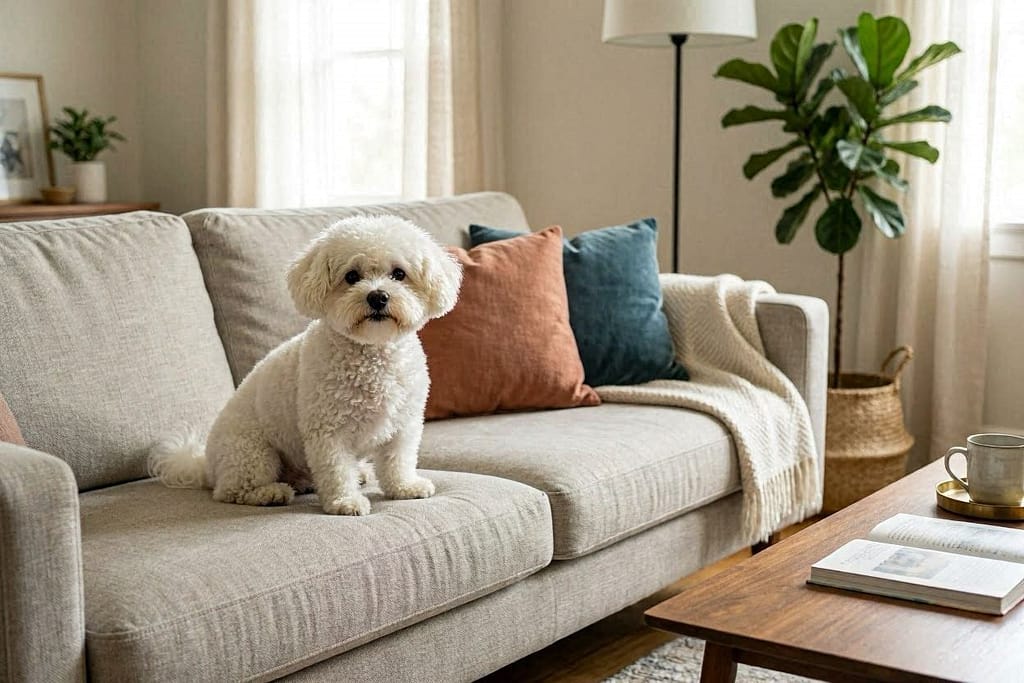 White fluffy Bichon Frise sitting on gray apartment couch, small enough to fit on one cushion, bright eyes, cotton-like coat visible