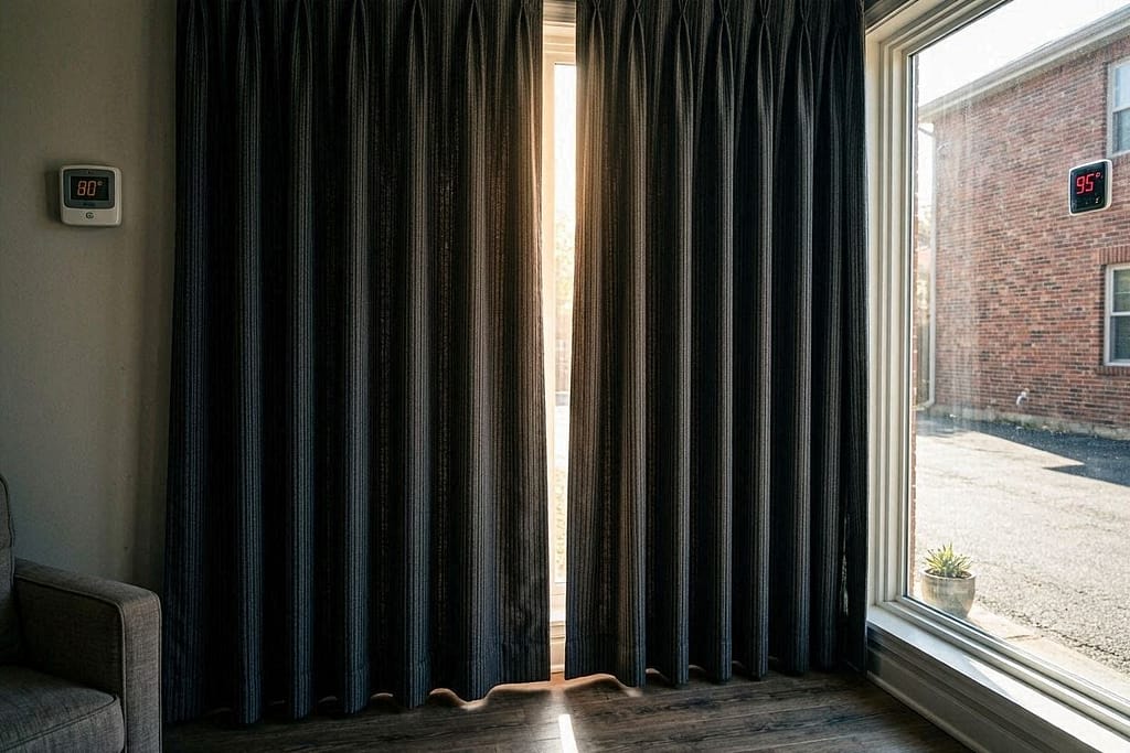 Window with thick thermal curtains fully closed, bright sunlight visible only through edges, indoor/outdoor thermometer shows 80°F inside 95°F outside, dog sleeping on bed