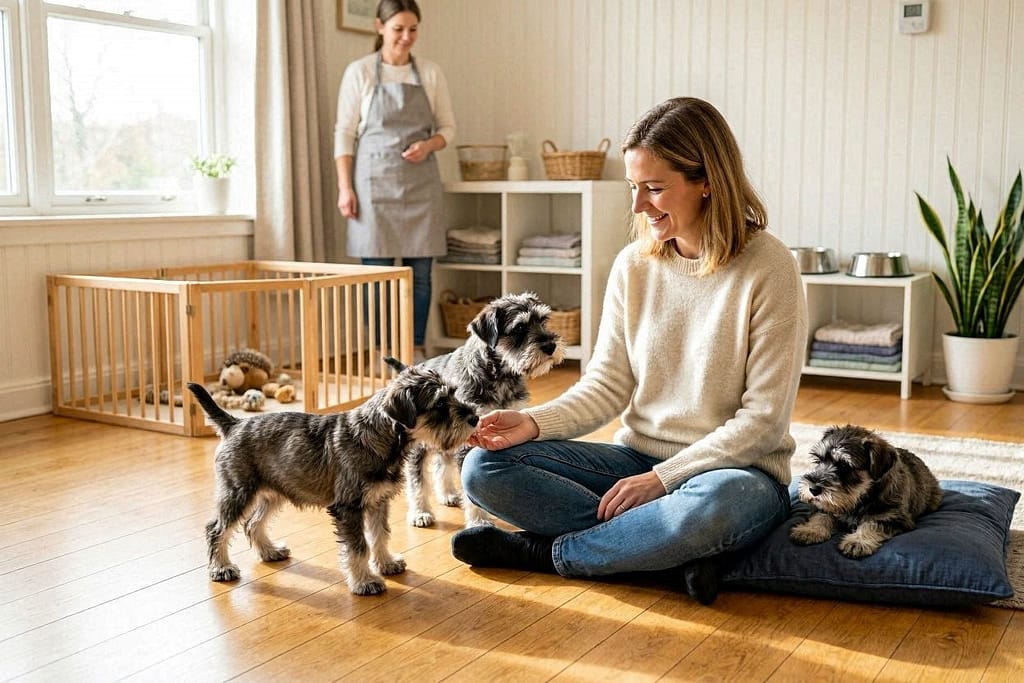 Woman sitting on floor in clean breeder home, Miniature Schnauzer puppy approaching her hand, woman smiling, tissues not present, visible health testing certificates on wall