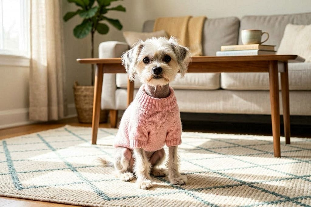 Hairless Chinese Crested in pastel sweater on apartment rug, tufts of hair on head (crest), feet (socks), and tail (plume), skin smooth and clean