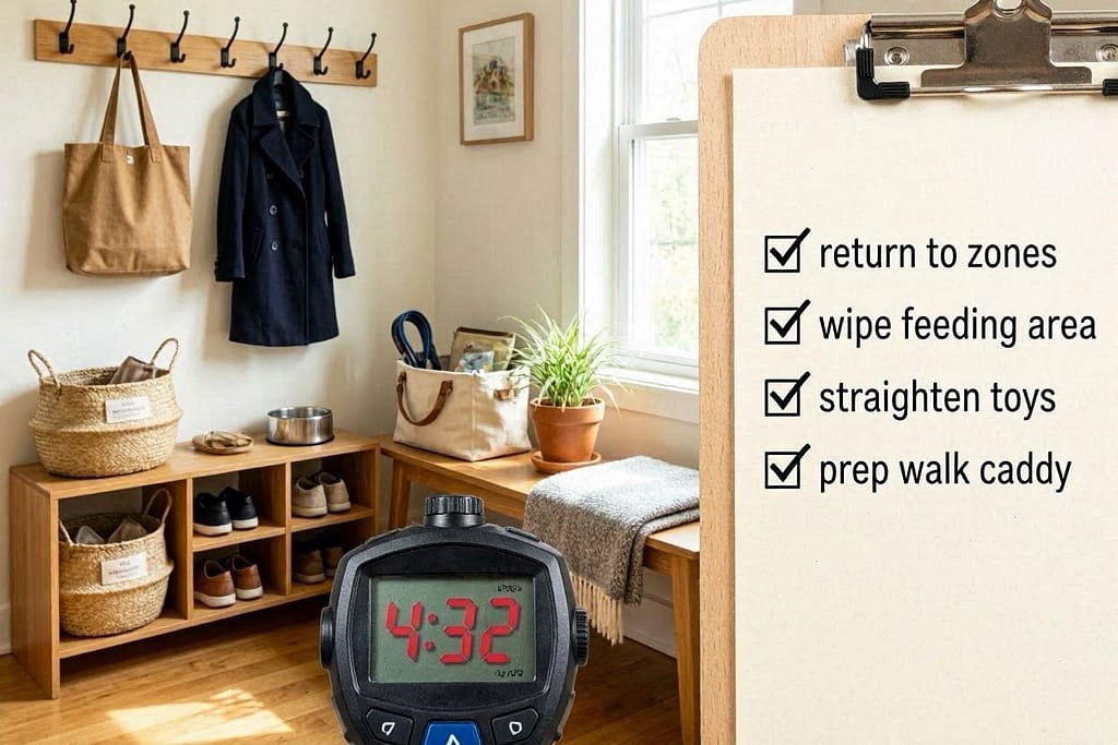Digital stopwatch at 4 minutes 32 seconds, checklist with four items all checked - Return to zones, Wipe feeding area, Straighten toys, Prep walk caddy - photo of organized entryway behind