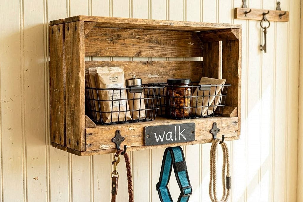 Rustic wooden crate mounted sideways on wall, three hooks screwed into bottom edge holding leash and harness, two small wire baskets inside crate with poop bags and treats, chalk label says "WALK"