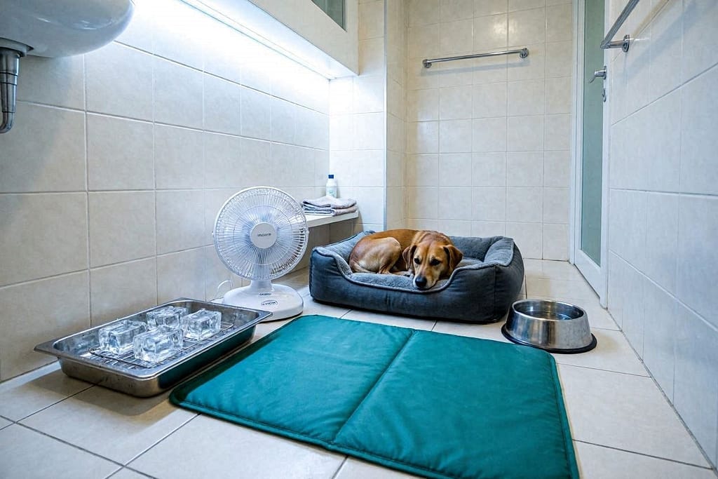 Interior bathroom with no windows, small fan with ice bowl, gel cooling mat, water bowl, dog bed, thermometer shows 75°F, dog lying comfortably on mat
