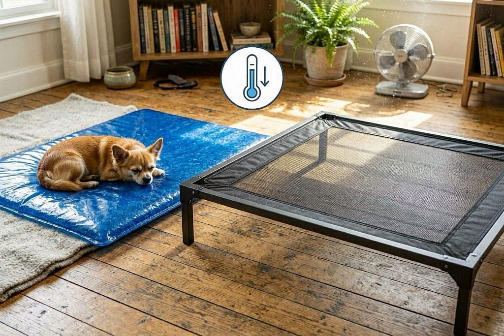 Two products - left blue gel cooling mat with small dog resting, right raised cot bed with air visible underneath, thermometer icon shows cooler surface temperature