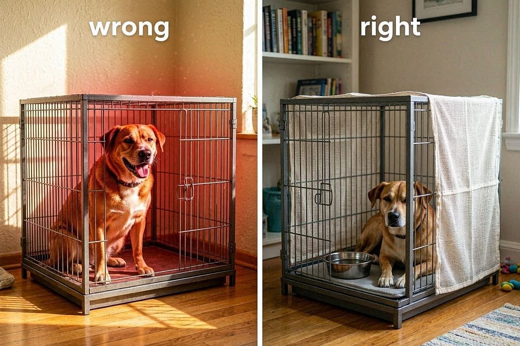 Side-by-side - left wire crate in sunny window with dog panting heavily, red warning symbols; right crate in shaded corner, lightweight breathable cover on top only, water bowl visible, dog relaxed