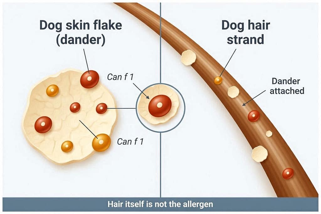 Educational diagram - left shows dog skin shedding microscopic flake labeled "Dander (protein source)", right shows dog hair with dander particles attached, text "Not the fur, the protein on it"