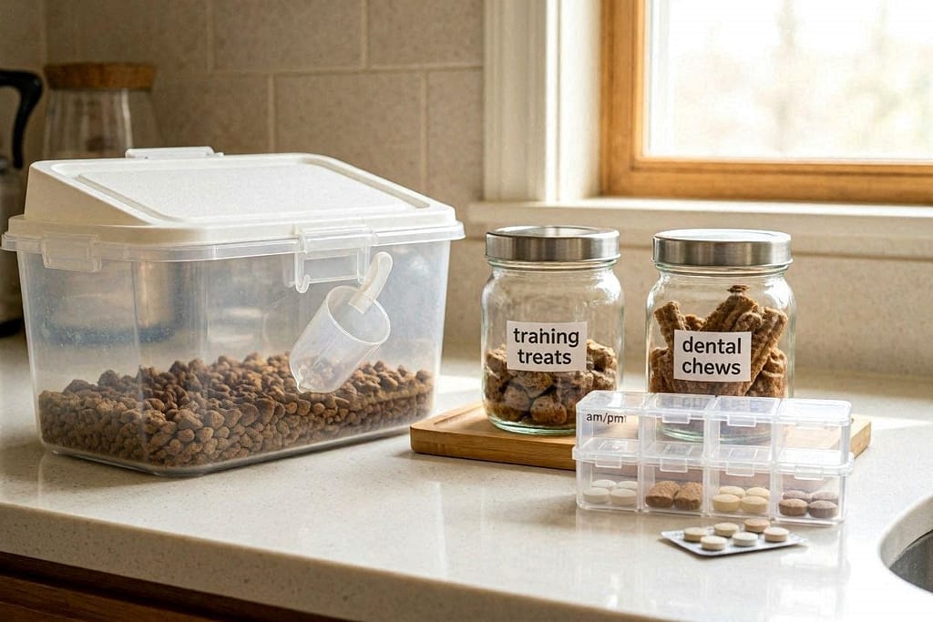 Four clear containers on counter - large bin with flip lid and scoop attached, two smaller jars labeled Training Treats and Dental Chews, weekly pill organizer labeled AM/PM for dog supplements