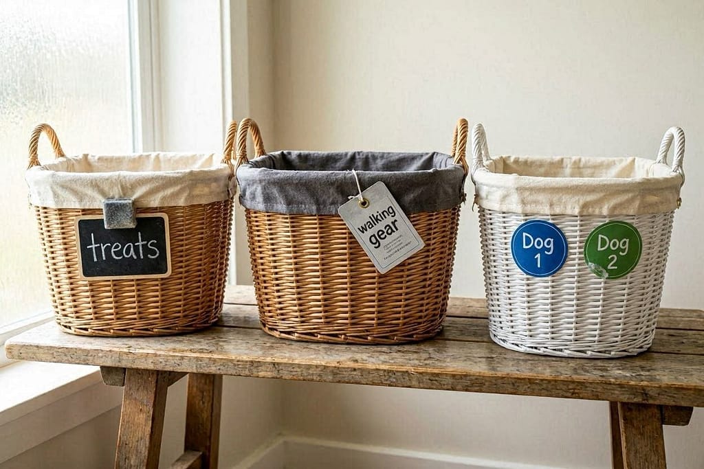 Three basket examples - first has chalkboard label written "Treats" with eraser, second has printed waterproof tag "Walking Gear" with font, third has blue sticker for Dog 1 and green for Dog 2