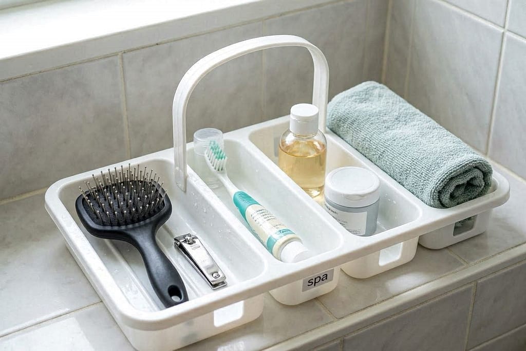 White plastic shower caddy with handle, divided compartments - slicker brush, nail clippers, dog toothbrush and toothpaste, ear cleaning solution, paw wipes container, rolled microfiber towel, label says SPA