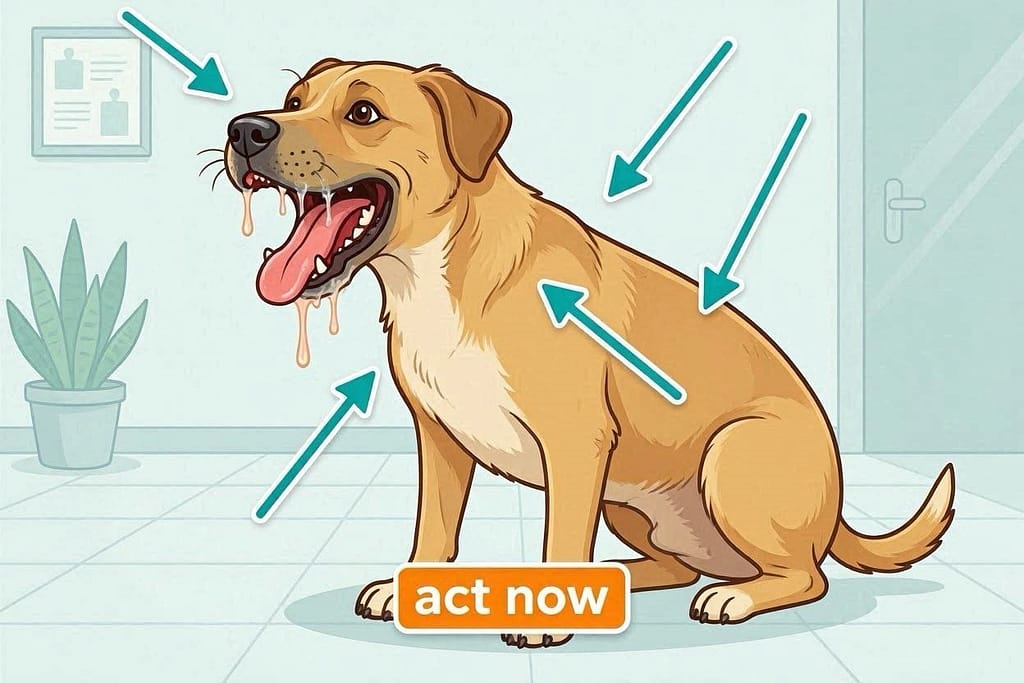 Illustration of dog showing heat distress - excessive panting arrow, bright red gums arrow, thick drool, restless body posture - labeled "Act Now" in orange