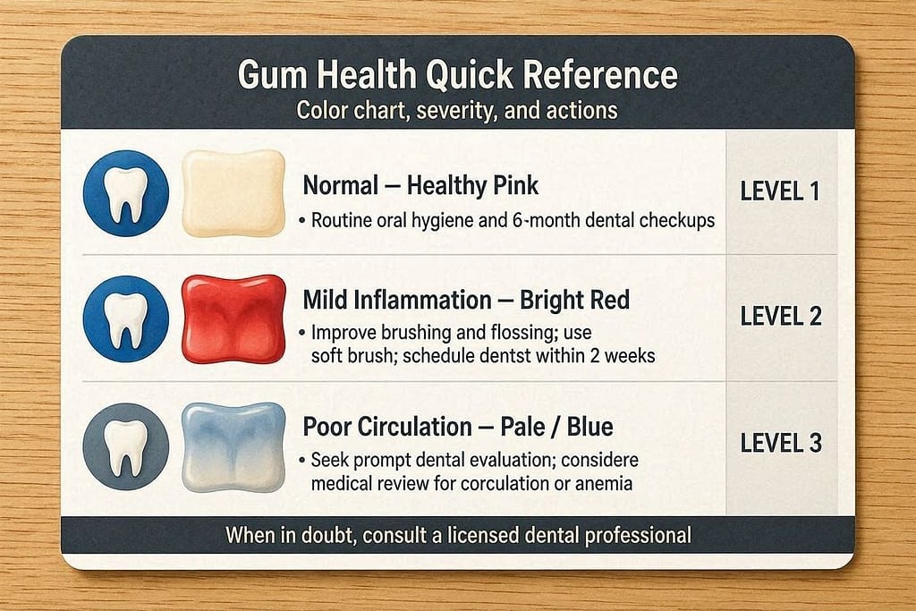 Reference card - gum color chart normal pink, bright red early warning, pale/blue emergency; panting scale; action steps: cool gradually, offer water, call vet - "Save to Phone" label