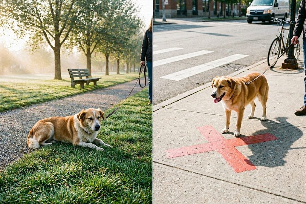 Split - left sunrise with thermometer 65°F, dog walking happily on grass; right noon with thermometer 95°F, dog panting on hot pavement, red X over noon walk