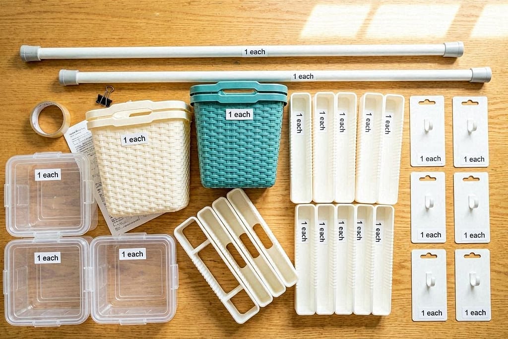 Flat lay of dollar store items - tension rods, baskets, command hooks, clear containers, drawer dividers - with price tags visible (
1
e
a
c
h
)
∗
∗
M
e
t
a
T
i
t
l
e
:
∗
∗
D
o
l
l
a
r
s
t
o
r
e
d
o
g
g
e
a
r
o
r
g
a
n
i
z
a
t
i
o
n
s
u
p
p
l
i
e
s
∗
∗
A
l
t
T
e
x
t
:
∗
∗
F
l
a
t
l
a
y
o
f
d
o
l
l
a
r
s
t
o
r
e
p
r
o
d
u
c
t
s
−
t
w
o
t
e
n
s
i
o
n
r
o
d
s
(
1each)
