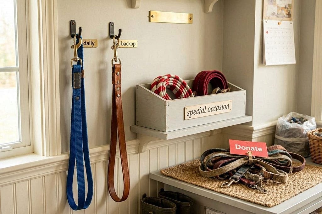 Four leashes in order of use - first on prominent hook labeled Daily, second on smaller hook labeled Backup, third in storage bin labeled Special Occasion, fourth in donate pile with red tag